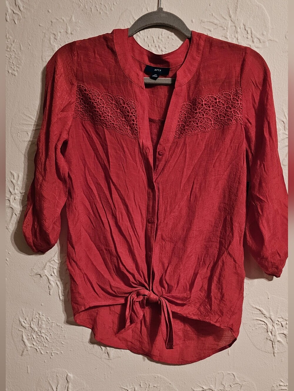 Apt. 9 Crimson Tie-Front Button Blouse Semi Sheer NWT XS
